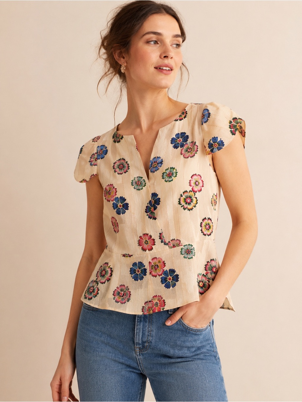 Y2K Anthropologie Leifsdottir Silk Metallic Floral Peplum Top Size 12